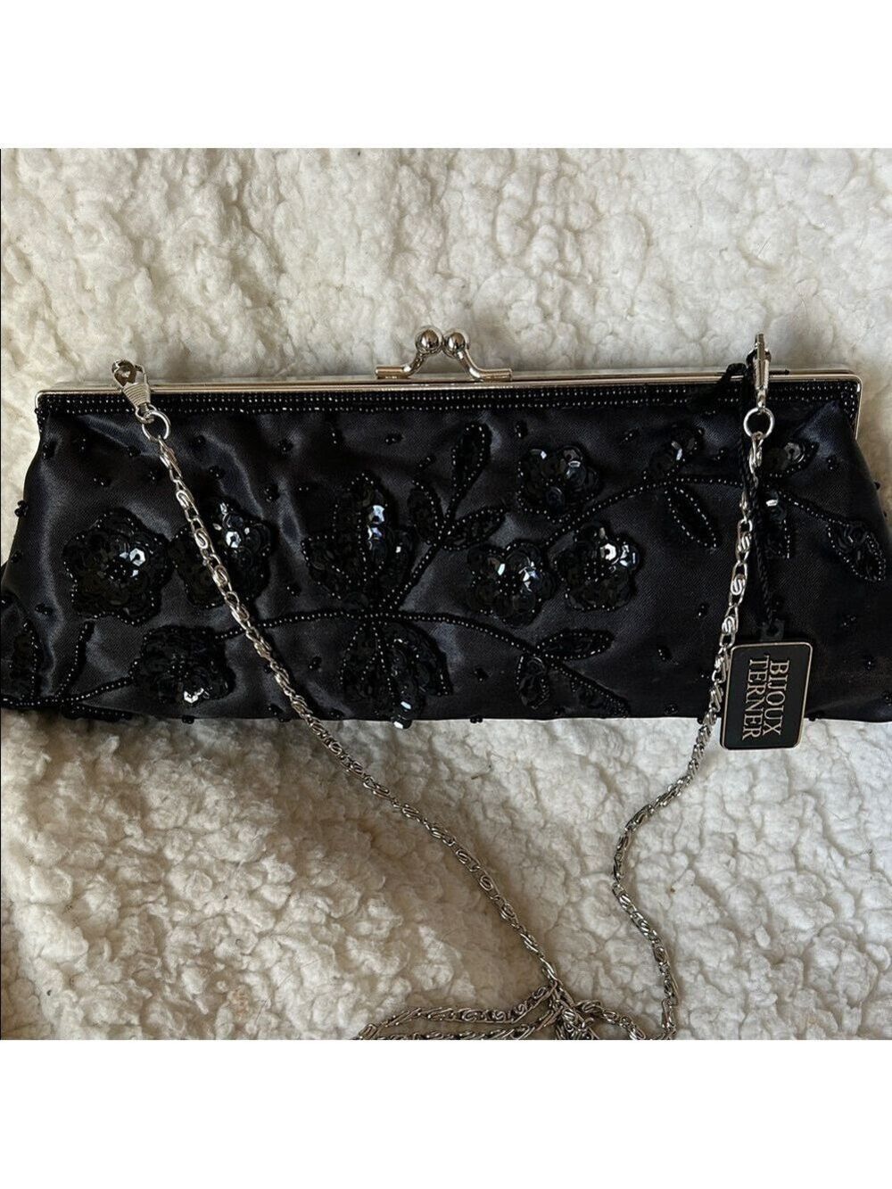 Bijoux Terner Black Beaded Clutch with Silver Chain